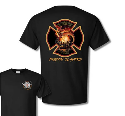 Harrison Fire T-Shirt 2 Sided, Dragon Slayers Firefighter Graphic, Premium Cotto