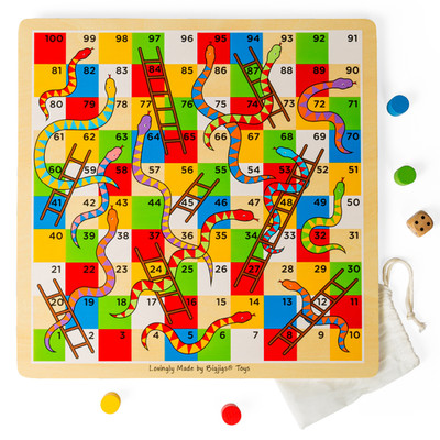 Bigjigs Toys Brettspiel Schlangen und Leitern aus Holz, bis zu 4 Spieler, Familienspiele