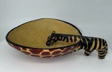 Wood Kenya African Giraffe Drinking From Wooden Bowl Vintage Hand Carved Painted