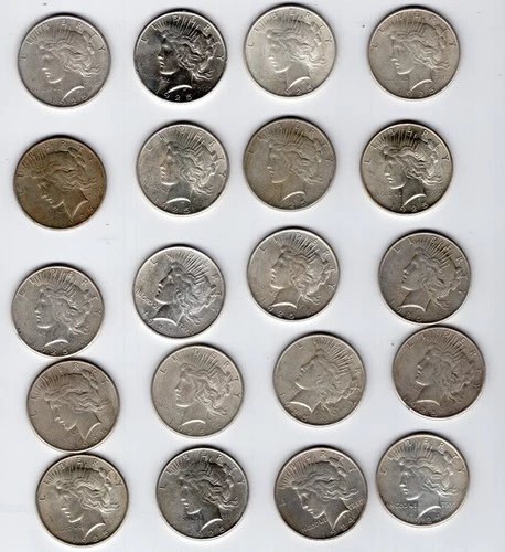 1924-1925 Peace Silver Dollar roll of 20, VG to AU