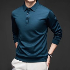 Men's Business Casual Long Sleeved Shirt Solid Color Polo Shirt