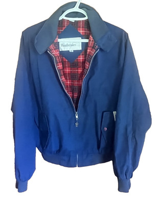 Vintage Windbreaker Bomber Jacket Men's Medium Blue Baracuta Style Plaid Zip