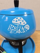 1970's Fondue Pot, Mid Century Modern Fondue Rare Mushrooms Design Blue lot