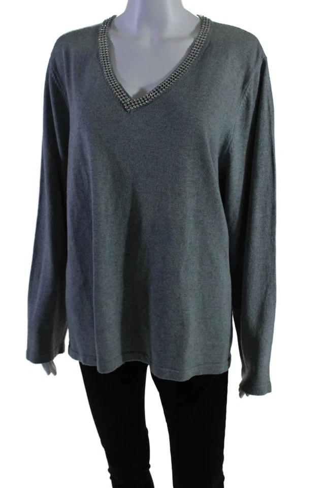 Suéter tejido con estrás cuello en V cachemir gris talla XL Soft Surroundings para mujer Foto 2 de 4