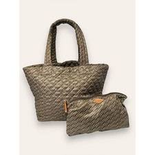 MZ Wallace Medium Metro Quilted Travel Tote Bag Monogram Basket Weave Neutral