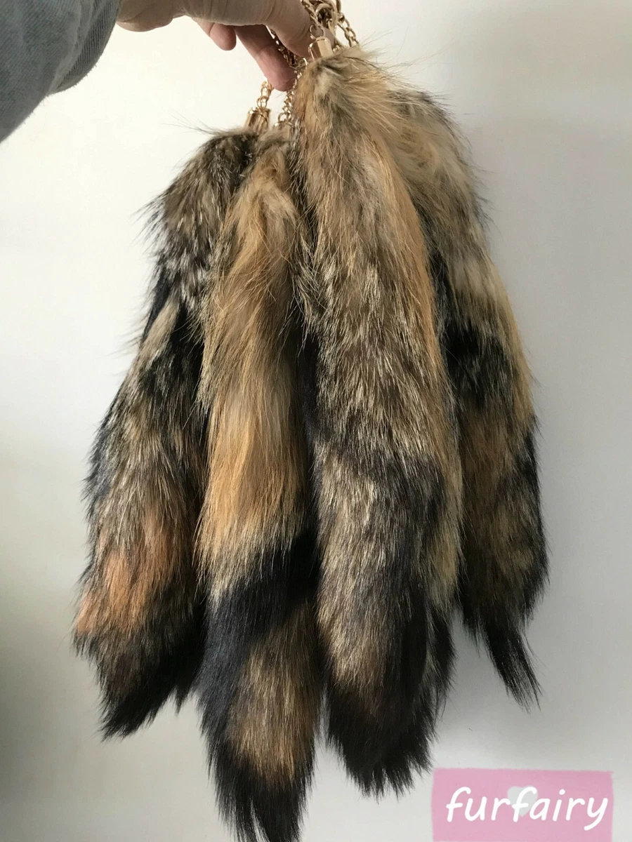 Brown Silver Black Natural Fox Tail Fur Tail Keychain Bag Charm