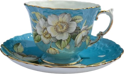 Bone China Aynsley Quatrefoil Dogwood Flowers Tea Cup & Saucer Teal Blue Floral