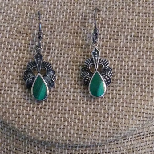 Vtg Boma Designer Sterling Silver Malachite Drop Dangle Shepherds Hook Earrings - Picture 2 of 9
