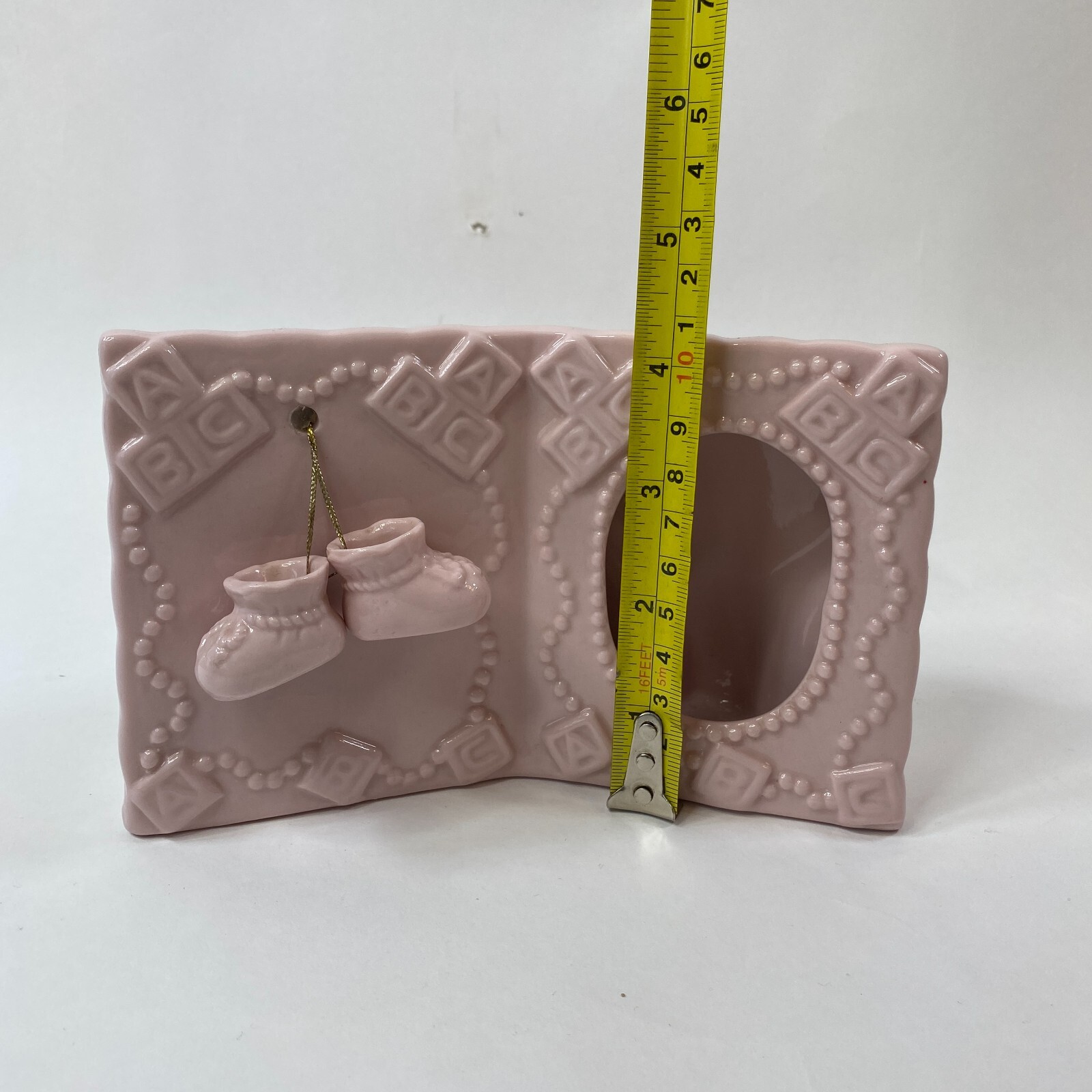 Baby Picture Frame ABC Vintage Ceramic Baby Booties Boots Nursery Pink Girl 4"