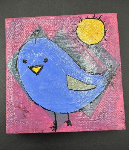 Pair Of Primitive Folk Art Cartoonie Bird Small Cute Mini Paintings 4”x4” - Bild 2 von 5