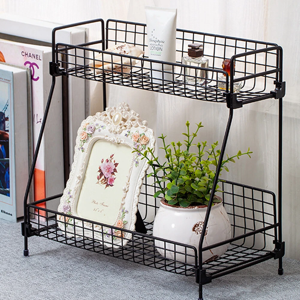 2 Tiers Metal Wire Basket Rack Desk Countertop Display Storage Shelf Organiser