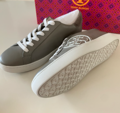 Tory Burch T-Logo Nappa Leather /Nat Suede Sneaker Shoes IN Gray