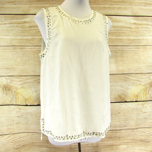 Michael Kors White TankTop Size M Sleeveless Round Neck Rhinstones Hi Low NEW - Picture 3 of 11