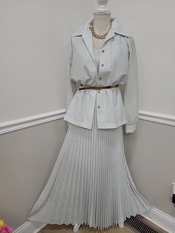 Traje Falda Acordeón Lurex Brillante Plateado Montgomery Ward Años 70 De Colección 3 piezas  Foto 3 de 4