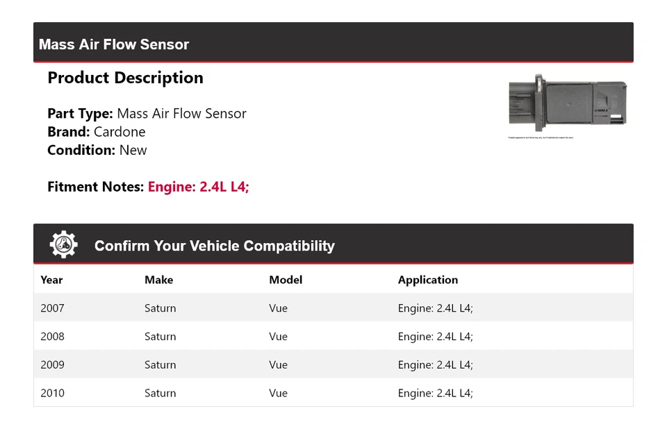 Датчик массового расхода воздуха Cardone 2008 2009 для 2007-2010 Saturn Vue 2,4 л L4 - Изображение 2 из 4