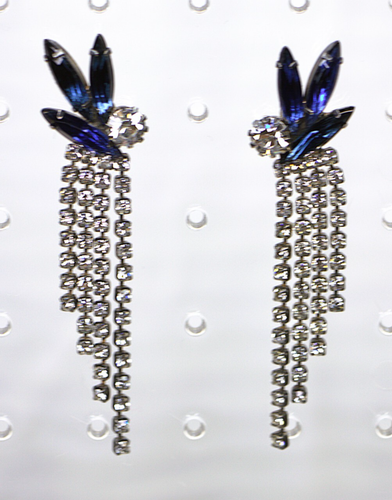 Orecchini a goccia vintage art deco strass blu e trasparenti pendenti orecchie traforate - Foto 2 di 3