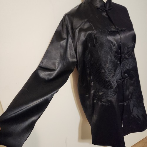 Sheng Tangkuyi Black Dragon Embroidered Satin Tunic Nehru Jacket Top - Picture 5 of 15