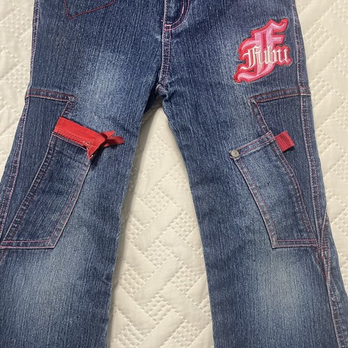 FUBU The Collection Girls Jeans Size 5 Denim Embroidered Pink Logo Boot Cut EUC - Picture 9 of 13