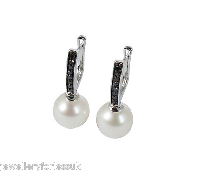 18Carat White Gold South Sea White Pearls Black Diamonds Pair