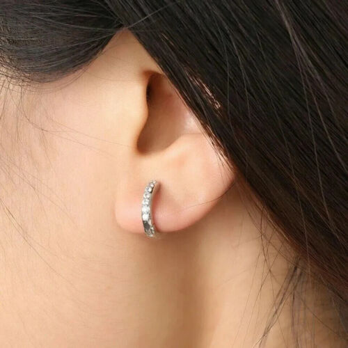 2x 925 Sterling Silver Plated CZ Cubic Huggie Hoop Small Outside Earrings Women - Picture 3 of 4