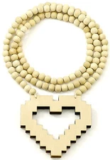 La La Pixel Heart New Good Wood Style Pendant Piece 36 Inch Wood Bead Necklace