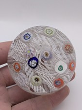 Vintage Strathearn Millefiori Art Glass Paperweight White Lace Scramble + Canes