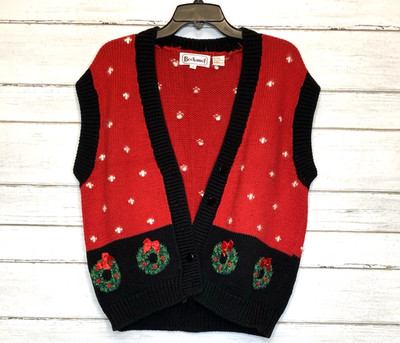 VTG 90s Wreath Plaid Christmas Holiday Bechamel Sweater Vest Women's S