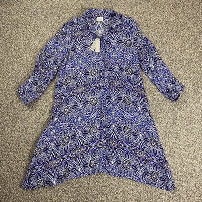 CUPIO Shirt Dress Medium Blue Floral 3/4 Sleeve Button Up Lightweight