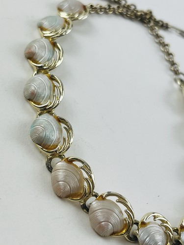 Vtg Elizabeth Morrey Shell Clam Necklace Ocean Pinecone 1960's Gold Tone Choker - Picture 6 of 17