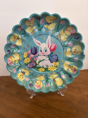 Vintage Easter Bunny & Chicks Blue Plastic Molded Serving Plate 10  MCM