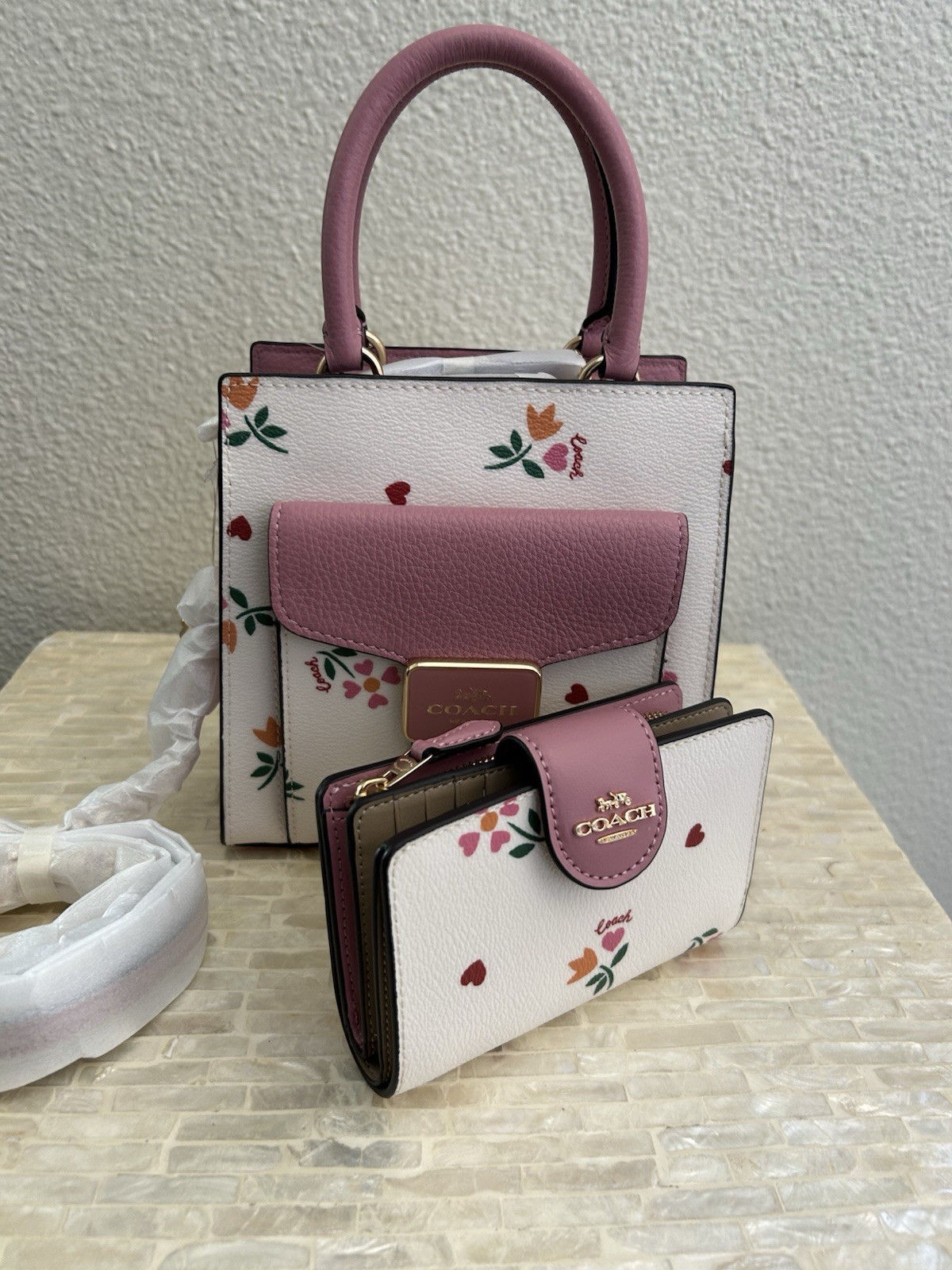 Coach Mini Pepper Crossbody With Heart Petal Print Chalk Multi C7599 & Wallet.