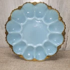 Vtg Anchor Hocking Delphite Blue Deviled Egg Serving Plate Glass GoldTrim Easter
