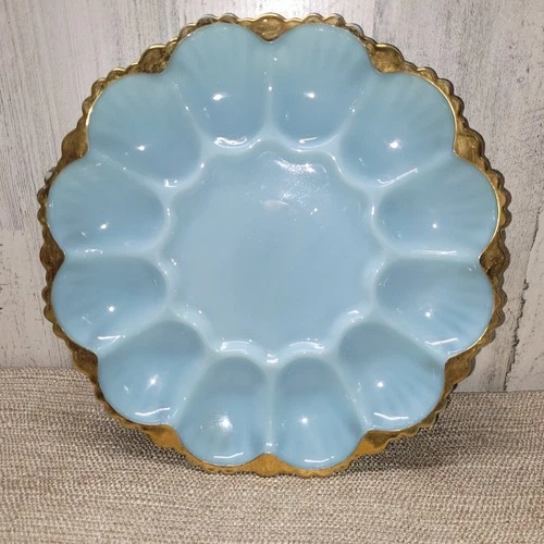 Vtg Anchor Hocking Delphite Blue Deviled Egg Serving Plate Glass GoldTrim Easter