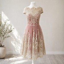 Chi Chi London Pink Gold Lace Prom Dress UK 8/10 Bardot Off Shoulder Tulle Midi