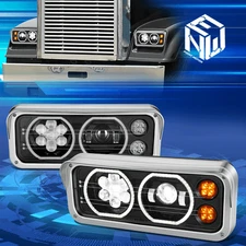 For 81-19 Kenworth T800 W900 Dual LED Halo Ring DRL Projector Black Headlights