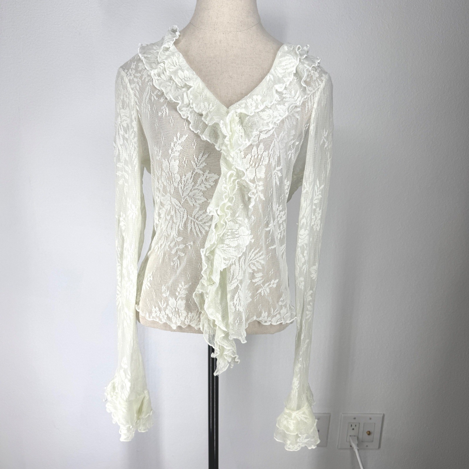 Vintage Lace Ruffle Cream Floral Flare Sleeve Top Women Large Victorian Coquette
