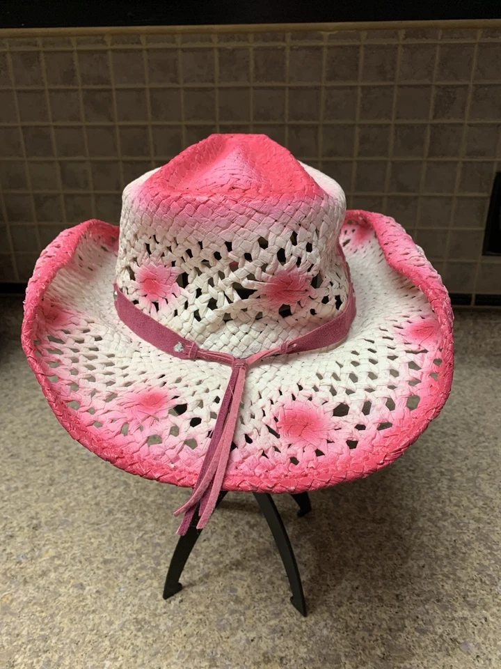 Соломенная розовая и белая ковбойская шляпа с розовой лентой с раковинами Western Express - Изображение 3 из 4