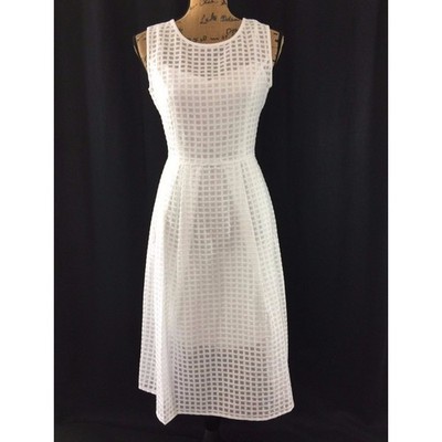 NWT Ellen Tracy Dress 10 White Illusion Windowpane Fit Flare Midi $158