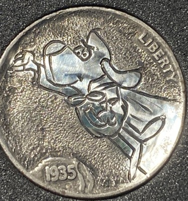 #ad 1935 UNDER DOG Hand Engraved Hobo Nickel IT’S A BIRD ITS A PLANE IT’S UD