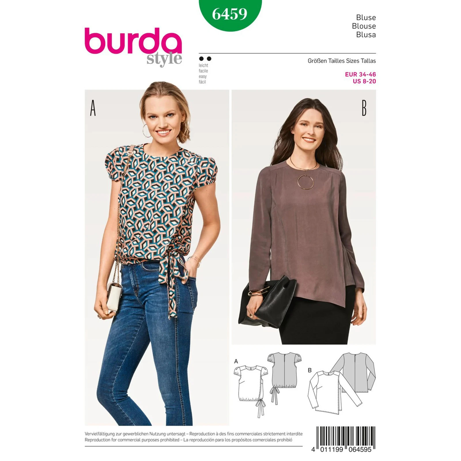 BURDA 6459 BLOUSE MISSES Sewing Pattern Size 8-18 SEE FULL DESCRIPTION