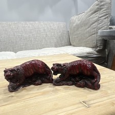Pair of Red Resin Tiger Figurines Collectible Animal Statues