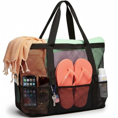 F-color Mesh Beach Bag Family - Large Tote with Bottom, Black