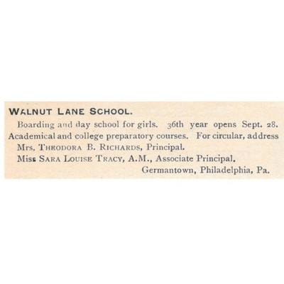 Walnut Lane School Theodora Richards Sara Louise Tracy Germantown 1892 Ad AK6-S5