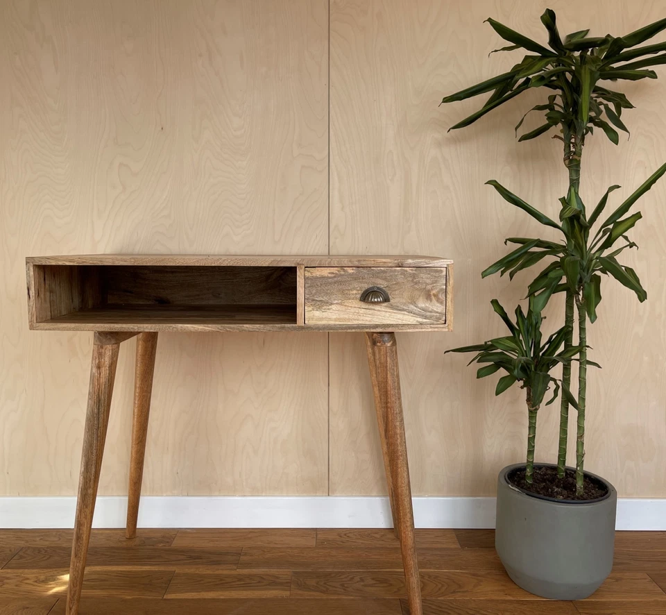 Solid Mango Wood Hand Crafted Open Slot Nordic Writing Desk with drawer - Image 2 of 4