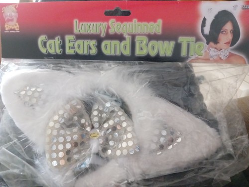 White Silver Cat Animal Pussycat Ears Bowtie Fancydress Accessories - Picture 2 of 2