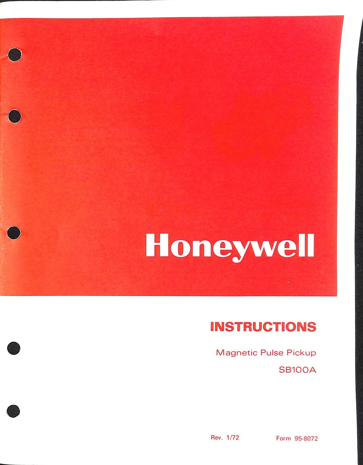 Honeywell Magnetic Pulse Pickup SB100A Instructions Manual Rev 1/72