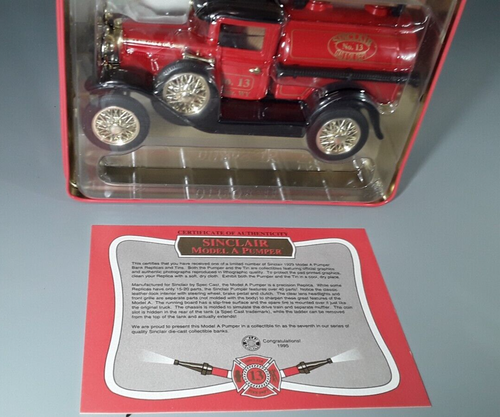 Camión de bomberos cisterna Spec Fundido Sinclair Ford modelo A banco en caja de coleccionista de lata - Imagen 2 de 8