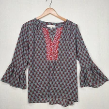 LOFT top Red Blue Olive Green Floral Split Neck Quarter Sleeve Top Shirt Small