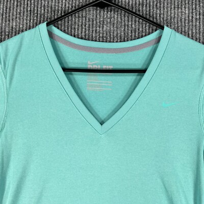 Nike Shirt Womens Small Green Long Sleeve V Neck Dri Fit Casual Active Workout