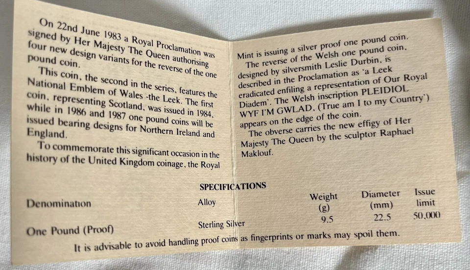 1985 United Kingdom Silver Piedfort Proof One Pound Welsh Leek Coin w/ Box COA! - Image 4 of 4
